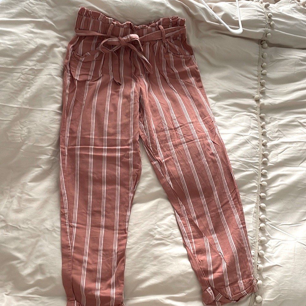 Salmon and white striped linen paper bag cropped pants